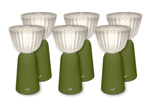 Six Fermob outdoor Pesto Swing lamps, 20cm rechargeable hanging lights, displayed in a set for outdoor decorative lighting.