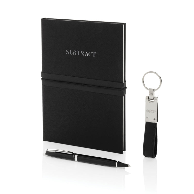 Load image into Gallery viewer, Swiss Peak RCS certified business gift set - Custom Wood DesignsSwiss Peak RCS certified business gift set with portfolio and notebook, featuring sleek black covers and professional design.Portfolios &amp; NotebooksP774.6601Recycled paper,Recycled Stainless steelblack
