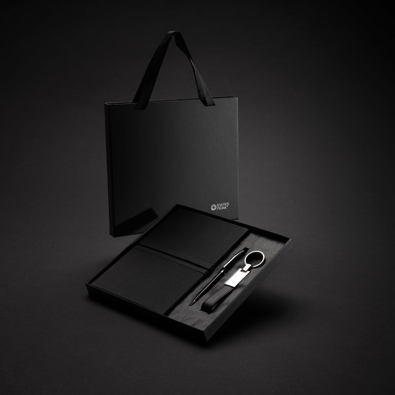 Load image into Gallery viewer, Swiss Peak RCS certified business gift set - Custom Wood DesignsSwiss Peak RCS certified business gift set with portfolio and notebook, sleek and professional for corporate gifting.Portfolios &amp; NotebooksP774.6601Recycled paper,Recycled Stainless steelblack
