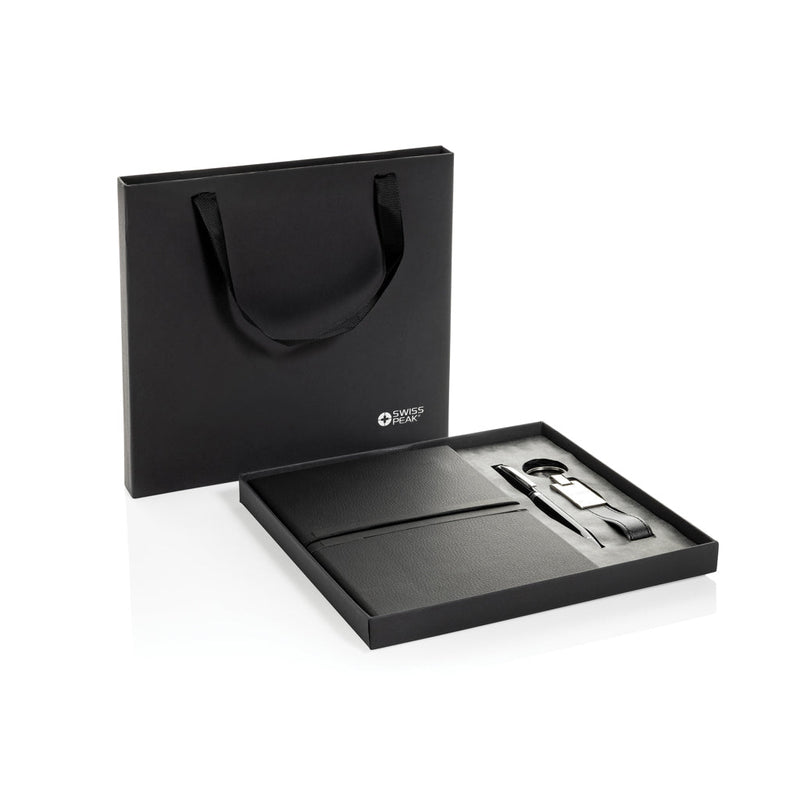 Load image into Gallery viewer, Swiss Peak RCS certified business gift set - Custom Wood DesignsSwiss Peak RCS certified business gift set with portfolio and notebook, featuring sleek design and professional craftsmanship.Portfolios &amp; NotebooksP774.6601Recycled paper,Recycled Stainless steelblack
