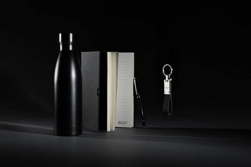 Load image into Gallery viewer, Swiss Peak RCS deluxe business gift set w/ water bottle - Custom Wood DesignsSwiss Peak RCS deluxe business gift set with water bottle, including a stylish portfolio and notebook for professional use.Portfolios &amp; NotebooksP774.6801Recycled Stainless steel,Recycled paperblack
