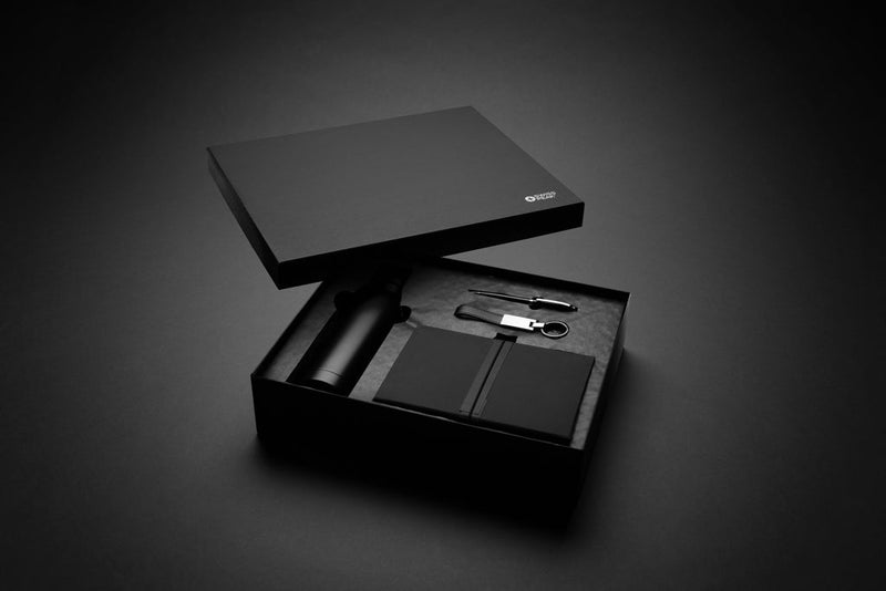 Load image into Gallery viewer, Swiss Peak RCS deluxe business gift set w/ water bottle - Custom Wood DesignsSwiss Peak RCS deluxe business gift set with water bottle, featuring a sleek portfolio and notebook for professional use.Portfolios &amp; NotebooksP774.6801Recycled Stainless steel,Recycled paperblack

