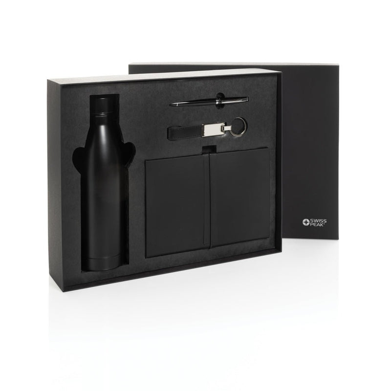 Load image into Gallery viewer, Swiss Peak RCS deluxe business gift set w/ water bottle - Custom Wood DesignsSwiss Peak RCS deluxe business gift set with water bottle, including a stylish portfolio and notebook for professional use.Portfolios &amp; NotebooksP774.6801Recycled Stainless steel,Recycled paperblack
