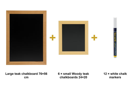 Teak Gallery Wall Set - Large Wall Chalkboard 76x56 cm + 6 Small Woody Chalkboards + White Chalk Markers - what is in the set