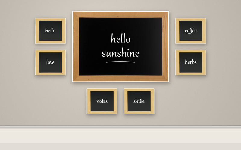 Load image into Gallery viewer, Teak Gallery Wall Set - Large Wall Chalkboard 76x56 cm + 6 Small Woody Chalkboards + White Chalk Markers - what is in the set
