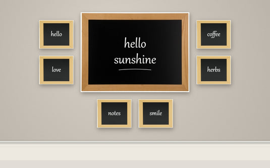 Teak Gallery Wall Set - Large Wall Chalkboard 76x56 cm + 6 Small Woody Chalkboards + White Chalk Markers - what is in the set