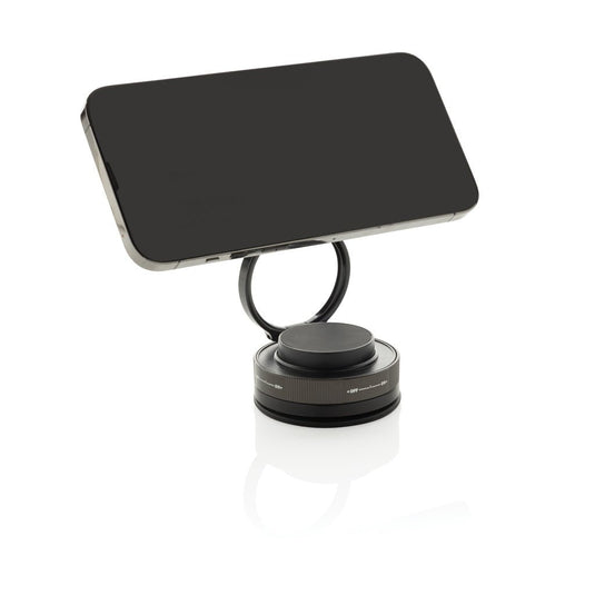 XD Xclusive Terra 360 RCS recycled plastic universal phone holder with custom wood design, suitable for phones and tablets.