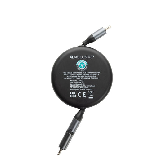 Terra RCS recycled aluminium retractable 240W 2-in-1 cable - Custom Wood DesignsXD Xclusive Terra RCS recycled aluminium 240W 2-in-1 retractable cable for phone and tablet accessories, shown in the image.Phone & Tablet accessoriesP302.7701Recycled ABS,Recycled TPEblack