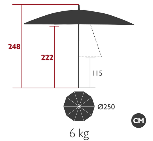 Fermob aluminium parasol with 250cm diameter, modern outdoor terrace umbrella for commercial or outdoor use.