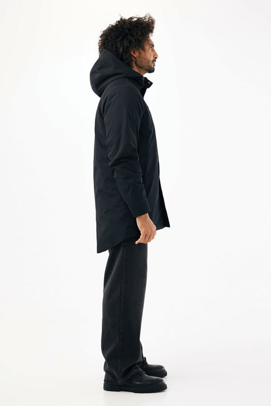 Black Thelon recycled polyester parka by iqoniq with custom wood design, showcasing the textile's texture and eco-friendly style.
