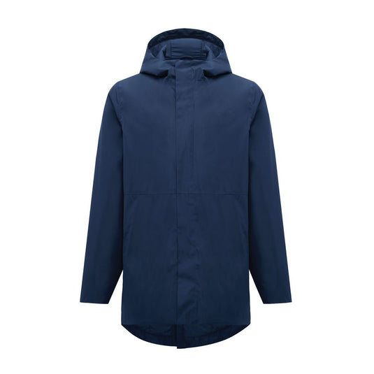 Iqoniq Thelon recycled polyester parka in navy with custom wood design, showcasing durable textile fabric and eco-friendly material.