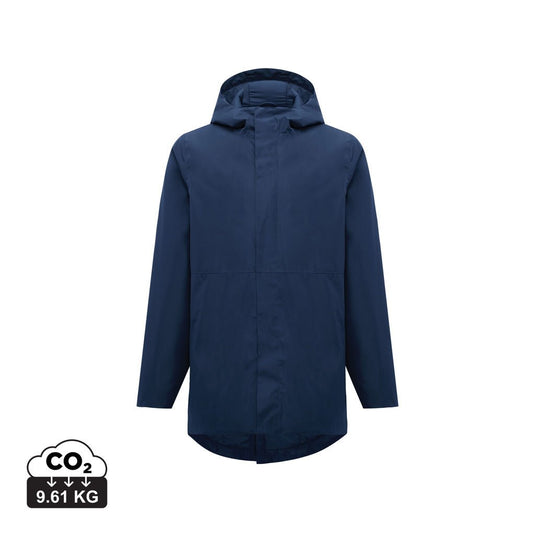 iqoniq Thelon recycled polyester parka with custom wood design, navy textile, waterproof and warm, outdoor winter jacket.
