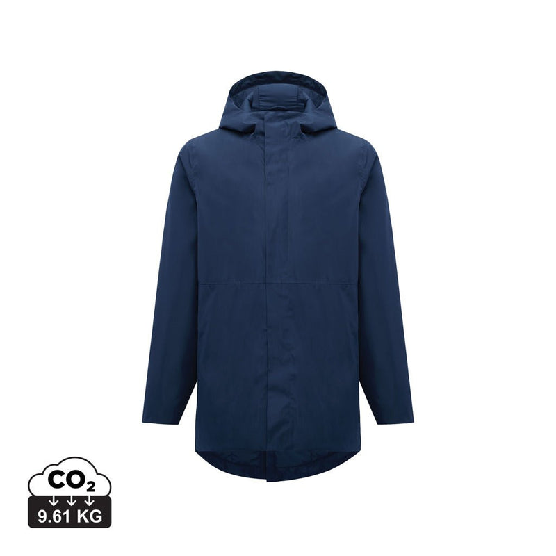 Load image into Gallery viewer, iqoniq Thelon recycled polyester parka in navy, showcasing a textured textile design with a custom wood pattern detail.
