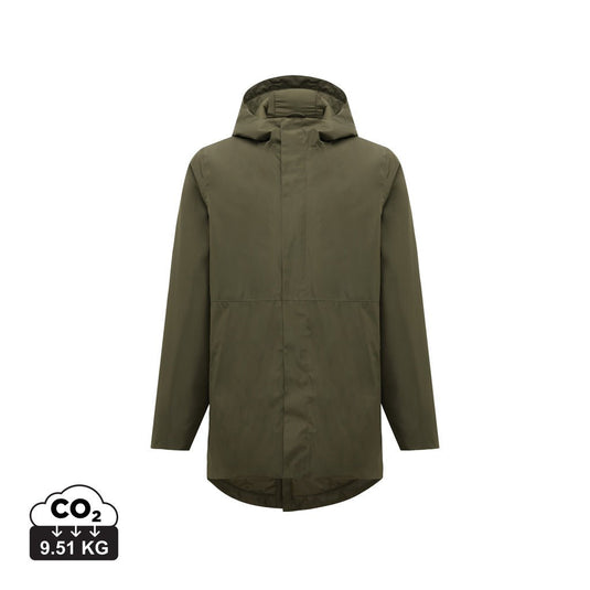 iqoniq Thelon recycled polyester parka textile with custom wood design, showcasing a stylish, eco-friendly winter jacket.