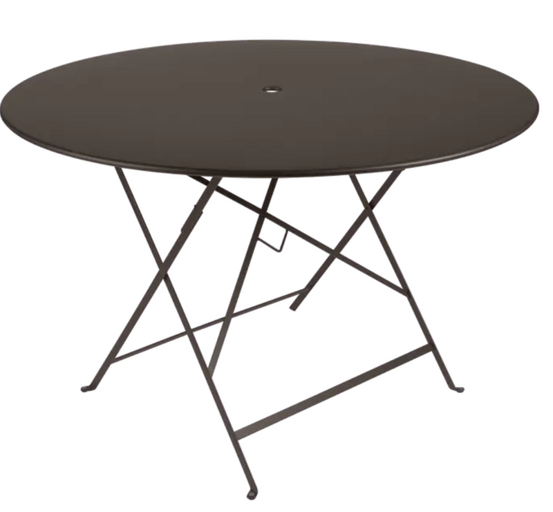 Load image into Gallery viewer, Fermob Tonka Brown round outdoor dining table, 117cm diameter, six-seater metal bistro table for outdoor patio or garden.
