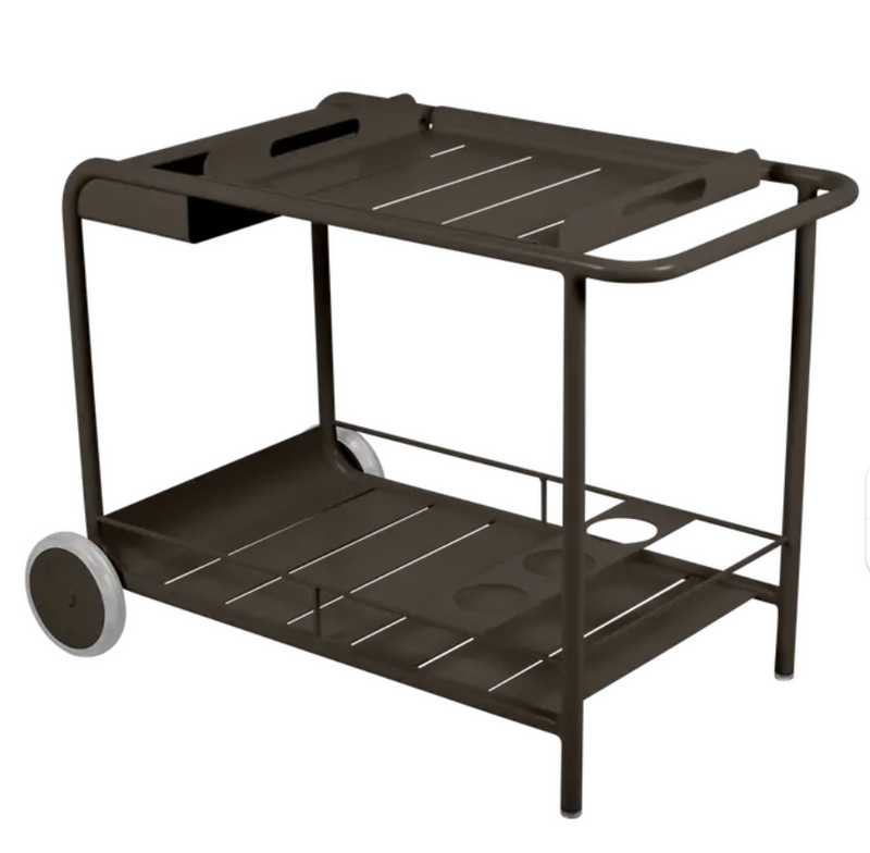 Load image into Gallery viewer, Fermob Luxembourg Side Bar trolley with wheels, used for restaurant terrace drinks service, shown with a sleek metal design.

