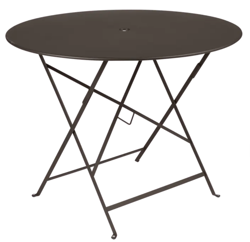 Load image into Gallery viewer, Dark brown Fermob round Bistro Table with a 96cm diameter and parasol hole, suitable for outdoor restaurant or patio use.
