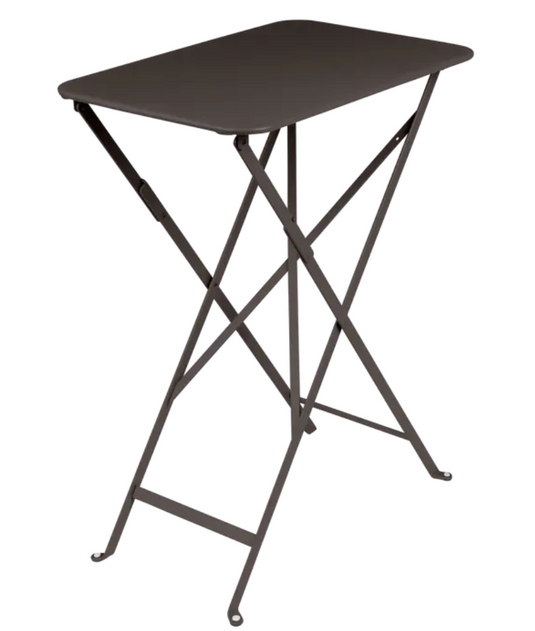 Fermob Bistro folding table in deep brown with a rectangular steel top, outdoor cafe table with foldable metal design.