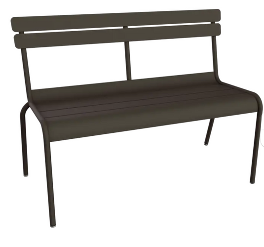 Fermob Luxembourg 2/3-seater outdoor bench with backrest, made of durable metal, ideal for porch or garden seating.