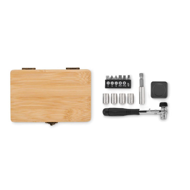 Load image into Gallery viewer, tool set in bamboo case custom wood designs 
