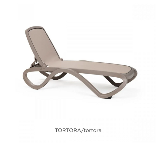 Nardi Omega sun lounger in tortora color, stackable outdoor recliner with breathable fabric for poolside or patio use.