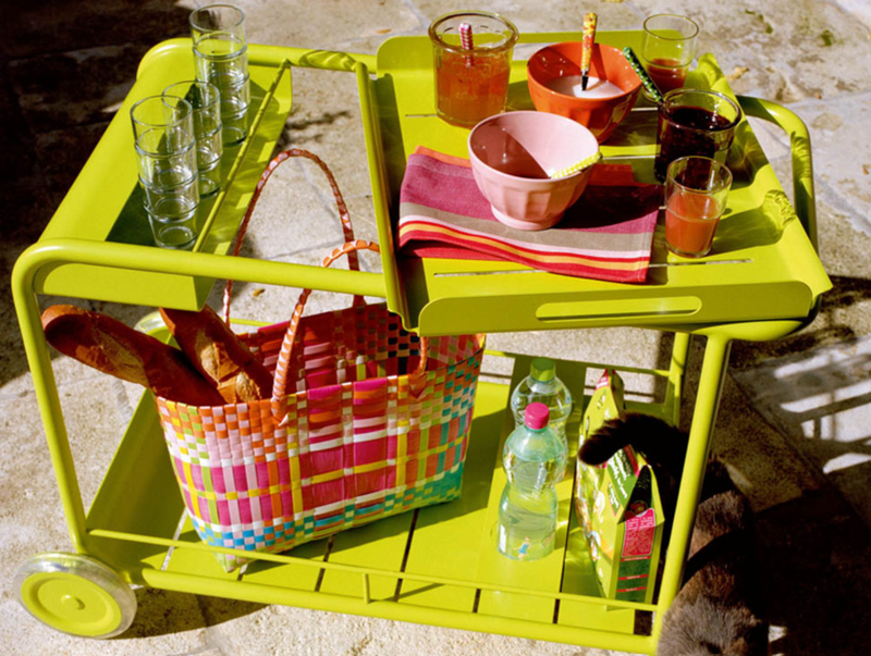 Load image into Gallery viewer, Fermob Luxembourg Side Bar trolley with wheels, designed for restaurant terrace drinks service, featuring a modern table with a sleek surface.
