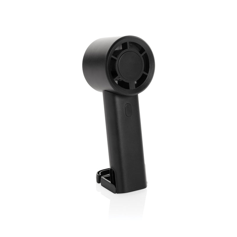 Load image into Gallery viewer, Twist RCS recycled plastic re-chargeable portable fan - Custom Wood DesignsXD Collection Twist RCS recycled plastic portable fan for phones and tablets, rechargeable and compact for on-the-go cooling.Phone &amp; Tablet accessoriesP457.0701Recycled ABSblack

