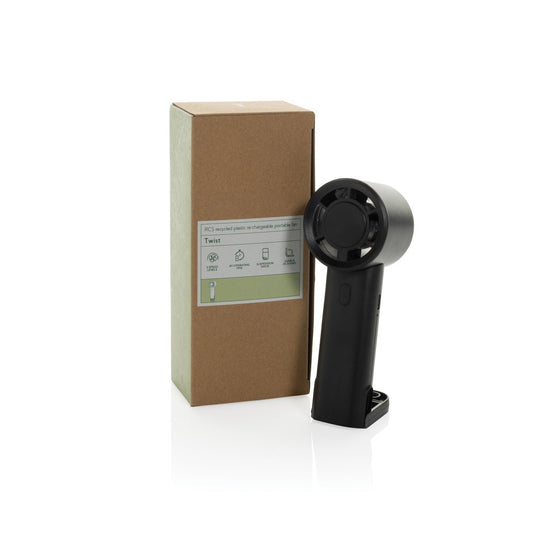 Twist RCS recycled plastic re-chargeable portable fan - Custom Wood DesignsXD Collection Twist RCS portable fan for phones and tablets, made from recycled plastic, rechargeable, compact and lightweight.Phone & Tablet accessoriesP457.0701Recycled ABSblack