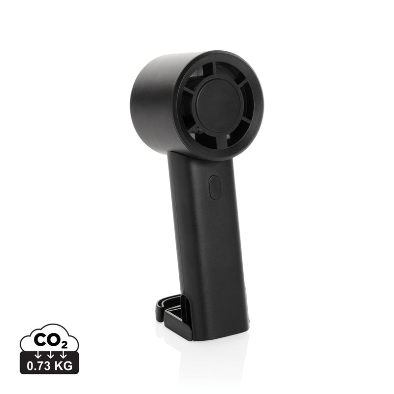 Load image into Gallery viewer, Twist RCS recycled plastic re-chargeable portable fan - Custom Wood DesignsXD Collection Twist RCS recycled plastic portable fan for phones and tablets, rechargeable and compact, ideal for on-the-go cooling.Phone &amp; Tablet accessoriesP457.0701Recycled ABSblack
