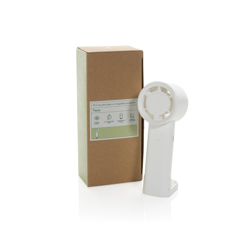 Load image into Gallery viewer, Twist RCS recycled plastic re-chargeable portable fan - Custom Wood DesignsXD Collection Twist RCS recycled plastic rechargeable portable fan for phones and tablets, shown in black with foldable design.Phone &amp; Tablet accessoriesP457.0703Recycled ABSwhite
