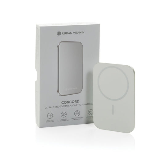 Urban Vitamin Concord RCS ultra-thin 3000mAh powerbank for phone and tablet charging, shown with sleek portable design.