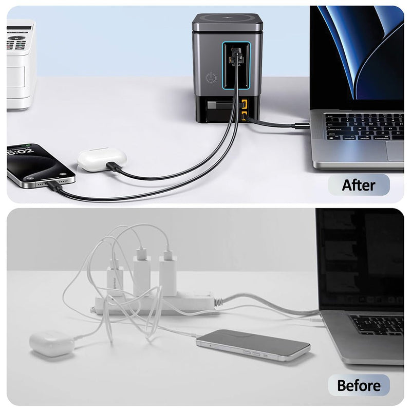 Load image into Gallery viewer, Urban Vitamin Sacramento 105W GAN charger+retractable cables - Custom Wood DesignsUrban Vitamin Sacramento 105W GAN charger with retractable cables for phones and tablets, compact and efficient charging accessory.Phone &amp; Tablet accessoriesP309.5402Recycled Polycarbonategrey

