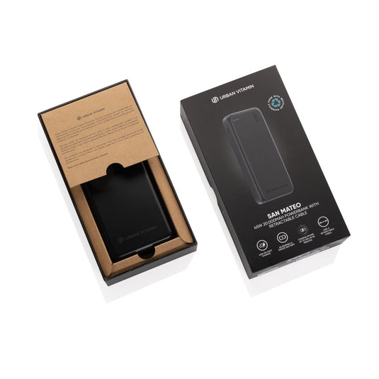 Urban Vitamin San Mateo 45W 20.000 mAh Powerbank - Custom Wood DesignsUrban Vitamin San Mateo 45W 20,000mAh powerbank with USB ports, designed for phones and tablets, shown with charging cables.Phone & Tablet accessoriesP322.7401Recycled ABSblack