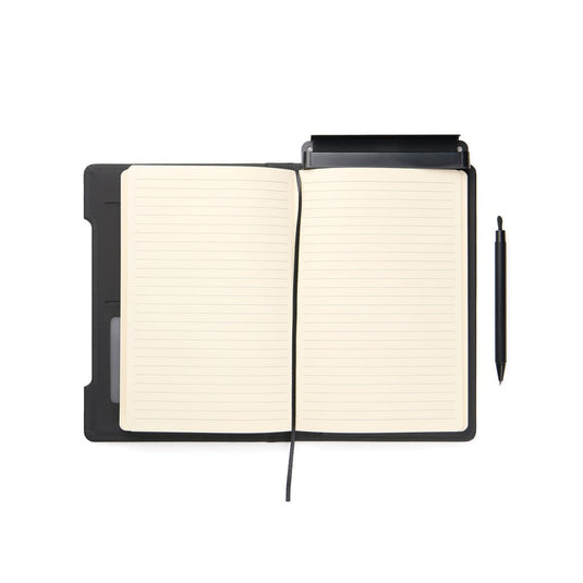 VINGA Baltimore RCS 4-in-1 Refillable Notebook - Custom Wood DesignsVinga Baltimore RCS 4-in-1 refillable notebook with black cover and elastic band, showcasing multiple writing sections and pocket.Portfolios & NotebooksV7731101Recycled Polyurethane,Recycled paperblack