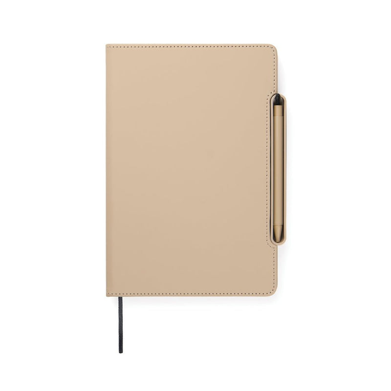 Load image into Gallery viewer, VINGA Baltimore RCS 4-in-1 Refillable Notebook - Custom Wood DesignsVinga Baltimore RCS 4-in-1 refillable notebook with leather cover, open to show pages and pen holder on a wooden surfacePortfolios &amp; NotebooksV7731119Recycled Polyurethane,Recycled papergreige

