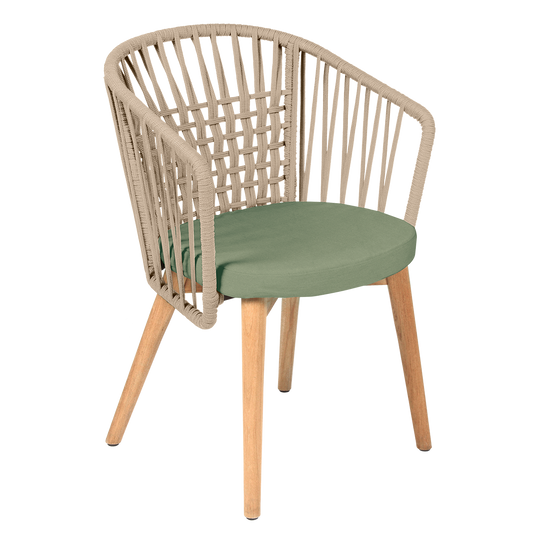 Vlaemynck Gordes Teak Armchair – Almond Green fabric, Natural Teak Beige Braid frame