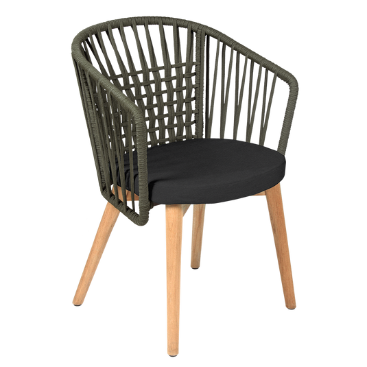 Vlaemynck Gordes Teak Armchair – Black Earth Eden fabric, Natural Teak Khaki Braid frame