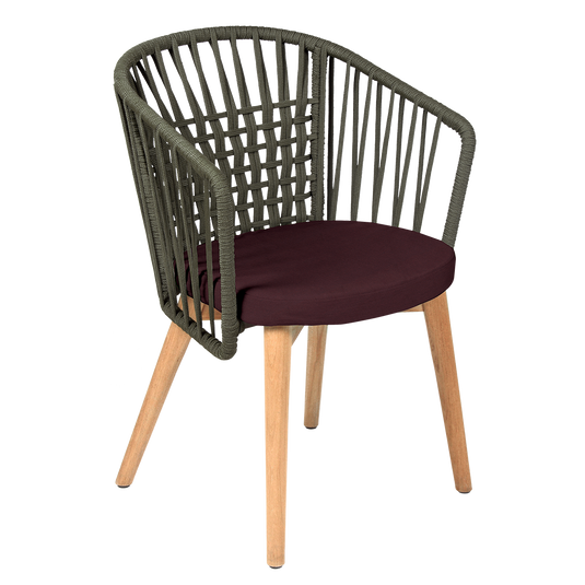 Vlaemynck Gordes Teak Armchair – Garnet fabric, Natural Teak Khaki Braid frame