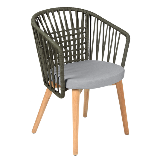 Vlaemynck Gordes Teak Armchair – Light Grey fabric, Natural Teak Khaki Braid frame