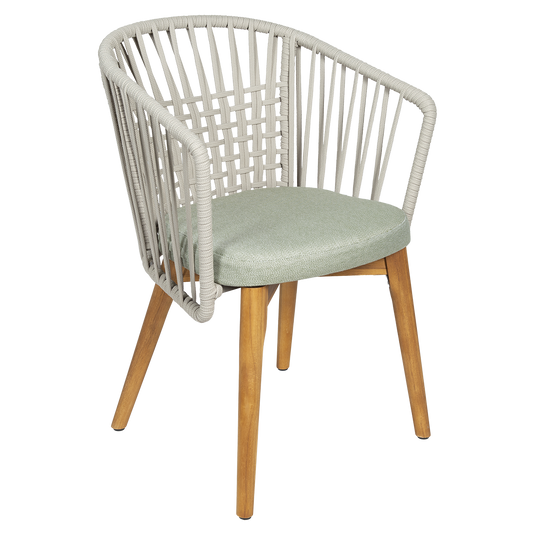 Vlaemynck Gordes Teak Armchair – Meadow Green fabric, Natural Teak Beige Braid frame