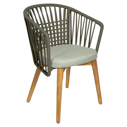 Vlaemynck Gordes Teak Armchair – Meadow Green fabric, Natural Teak Khaki Braid frame