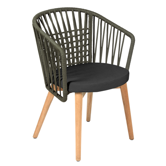 Vlaemynck Gordes Teak Armchair – Night Grey fabric, Natural Teak Khaki Braid frame