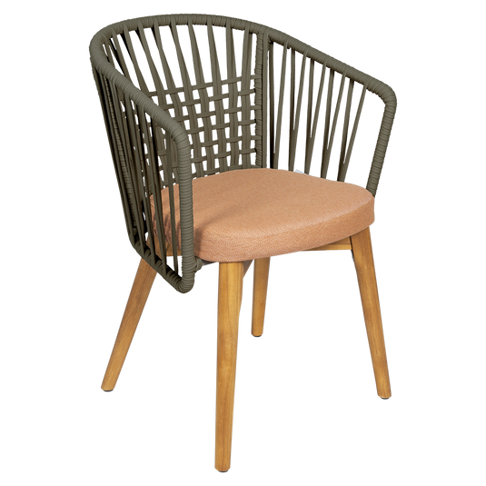 Vlaemynck Gordes Teak Armchair – Terracotta fabric, Natural Teak Khaki Braid frame