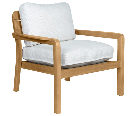 Fermob Lodge low armchair outdoor lounge chair with teak armrests and frame, designed for comfortable outdoor seating.