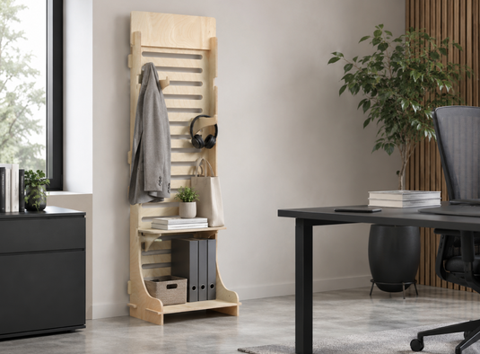 Adjustable Esposit Wally Sei Home Shop and Office Shelving unit with multiple shelves in an office setting.