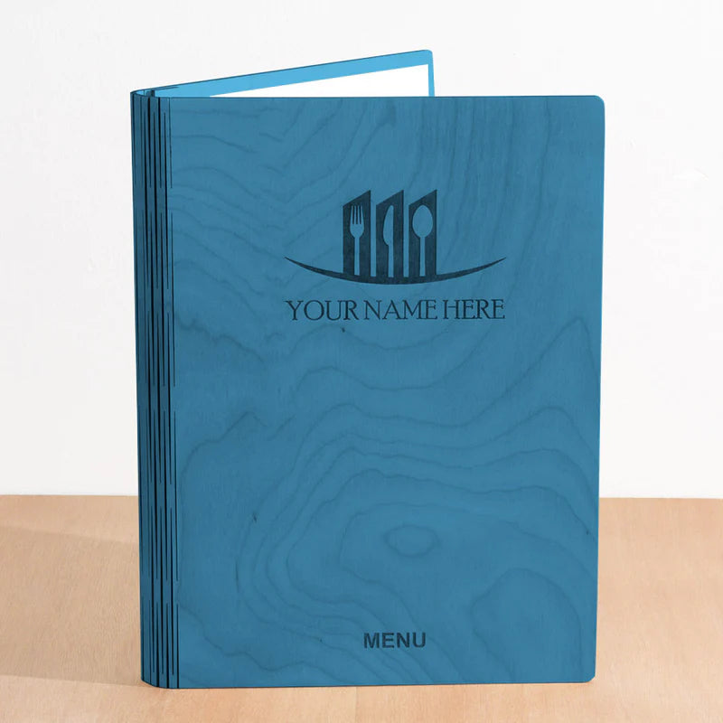 Load image into Gallery viewer, A4 Book Wooden Menu 21x30cm Blue Custom Wood Designs __label: Multibuy walnut-a4-book-wooden-menu-21x30cm-53612688769367
