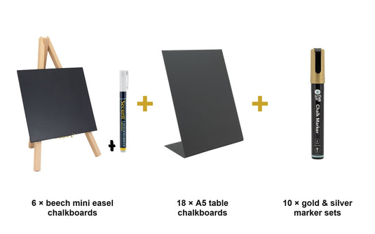Wedding Table Set - 6 Beech Mini Easels + 18 A5 Table Chalkboards + Gold & Silver Chalk Markers - what is in the set