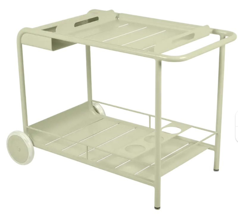 Load image into Gallery viewer, Willow green Fermob Luxembourg Side Bar Trolley with wheels for restaurant terrace drinks service, outdoor table and trolley.
