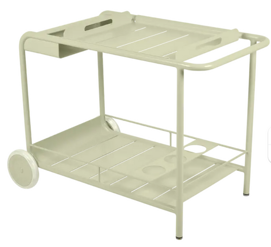 Willow green Fermob Luxembourg Side Bar Trolley with wheels for restaurant terrace drinks service, outdoor table and trolley.