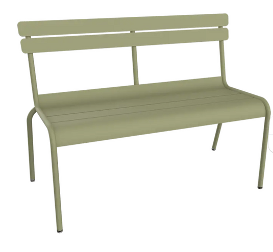 Willow green Fermob Luxembourg 2/3-seater outdoor bench with backrest, ideal for patio or hallway seating, durable outdoor furniture